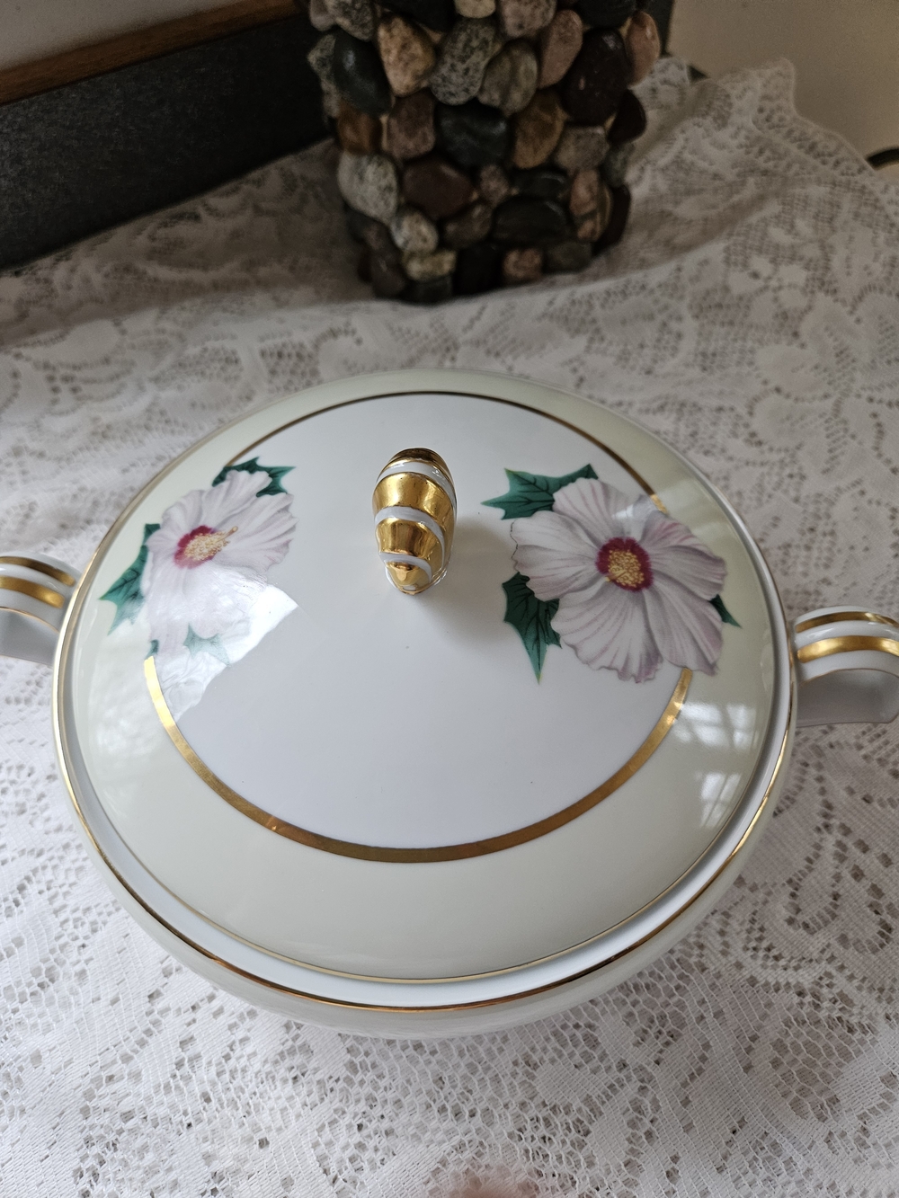 Kent China Tropical Pattern Porcelain Covered Serving Bowl with Gold Trims 1950s